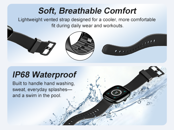 Breathable strap fitness watch. IP68 water resistant for sweat, washing, daily wear.