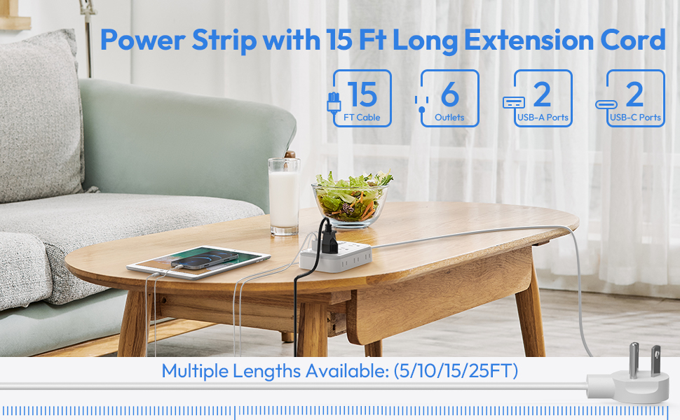 Extension Cord 15ft NTONPOWER Flat Plug Power Strip flat Long Extension Cord Wall Mount