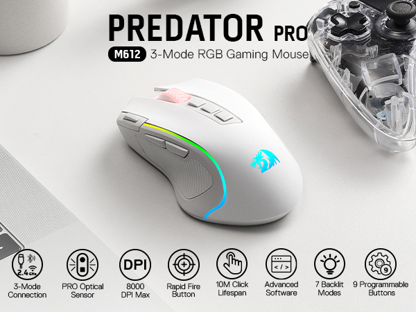 Redragon M612 Pro white wireless mouse with tri-mode RGB for gaming delivers flexible control
