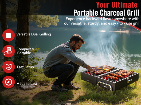 Portable charcoal grill advertisement showing outdoor grilling scene with product features listed: versatile dual grilling, compact design, fast setup, and durability.