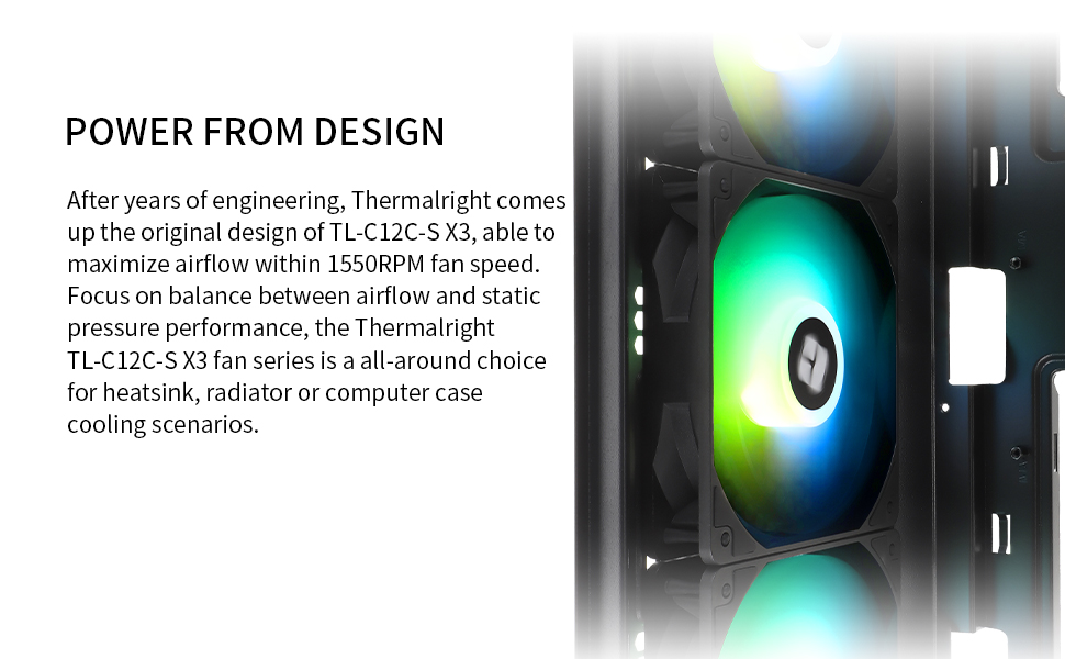 Thermalright TL-C12C-S fan product advertisement showcasing the cooling fan with LED lighting and text describing its engineering features for computer cooling systems.