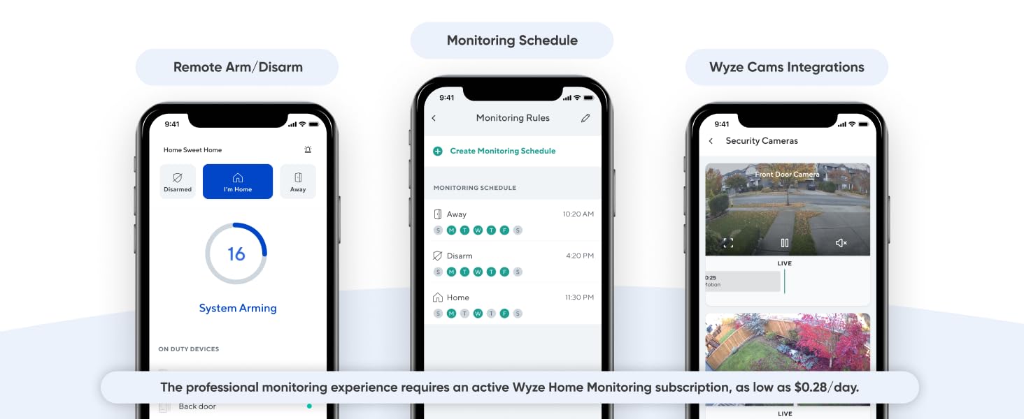 Arm or disarm the system with the Wyze app, schedule the arm routine, view with Wyze cams