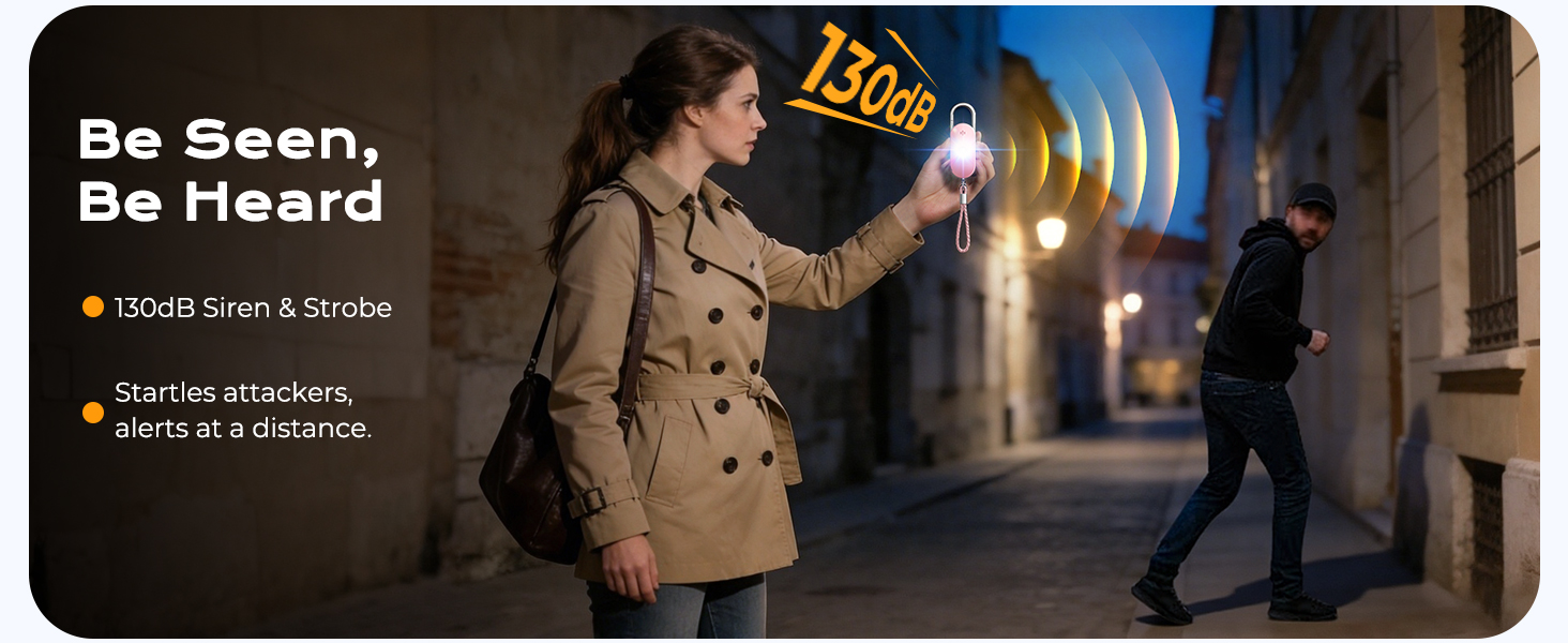 Text reads "Be Seen, Be Heard" with additional subtitle text. Dark nighttime street scene shows person wearing beige/tan jacket with illuminated speaker device emitting sound waves.