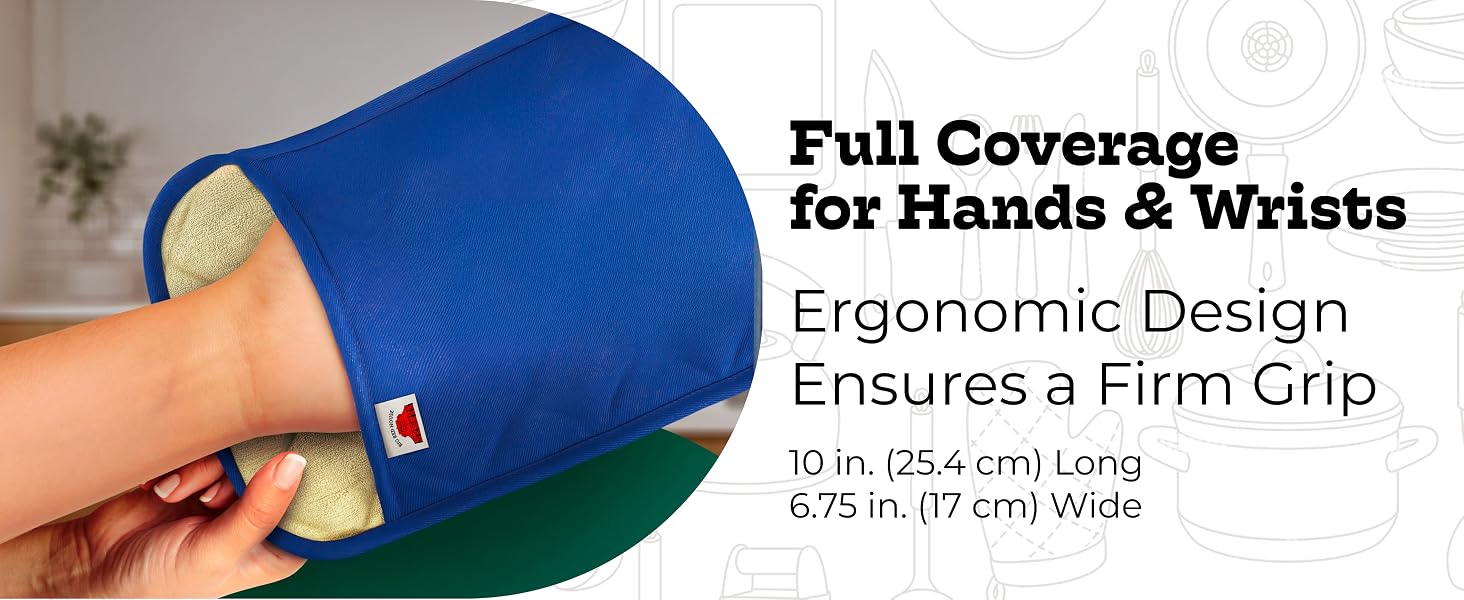 Pot holders have a size of 6.75 inches 17 cm wide and 10 inches or 25.4 cm long