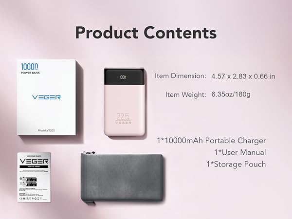 Item Dimension: 11.6*7.2*1.68cm Capacity: 10000mAh Item Weight: 180g 1*Storage Pouch 1*User Manual