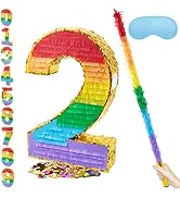 PCFING 20 Inch Number 2 Piñata Rainbow with 30 Inch Piñata Stick Blindfold Confetti for Boy Girl ...