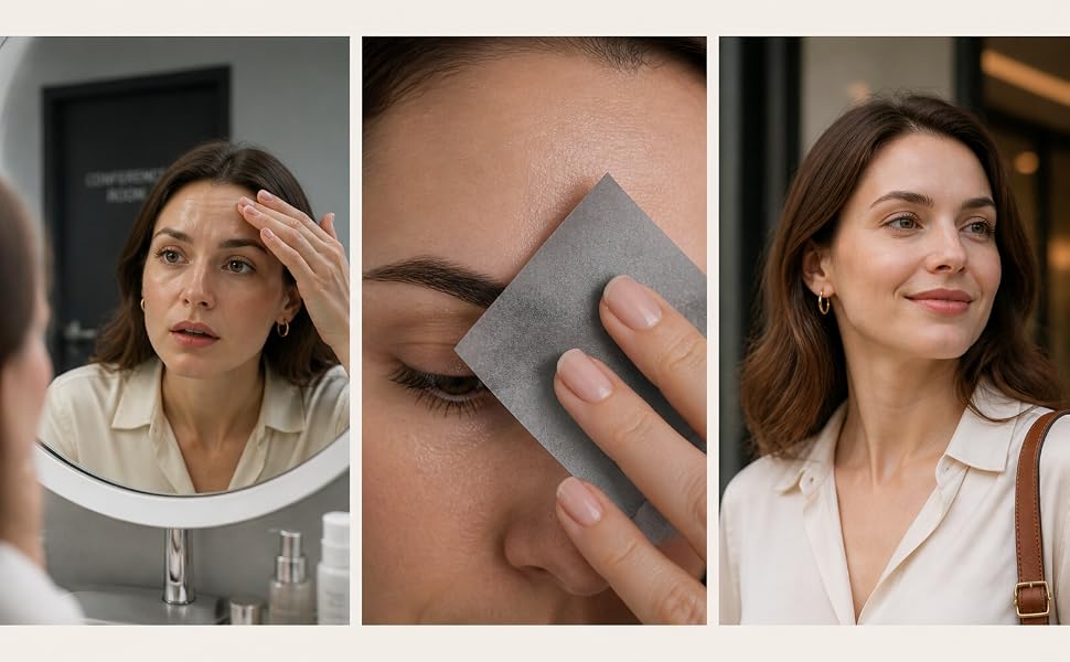 Three panels: shine, charcoal pressing, fresh matte complexion.