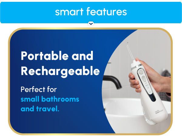 Image of Waterpik Cordless Advanced water flosser with text reading portable &amp; rechargeable.
