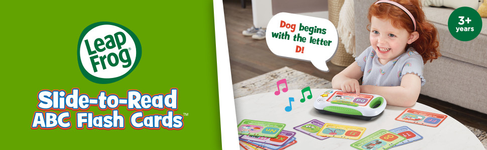 LeapFrog Slide to Read ABC Flash Cards. Kid reads with toy. Dog begins with the letter D! 3+ years.