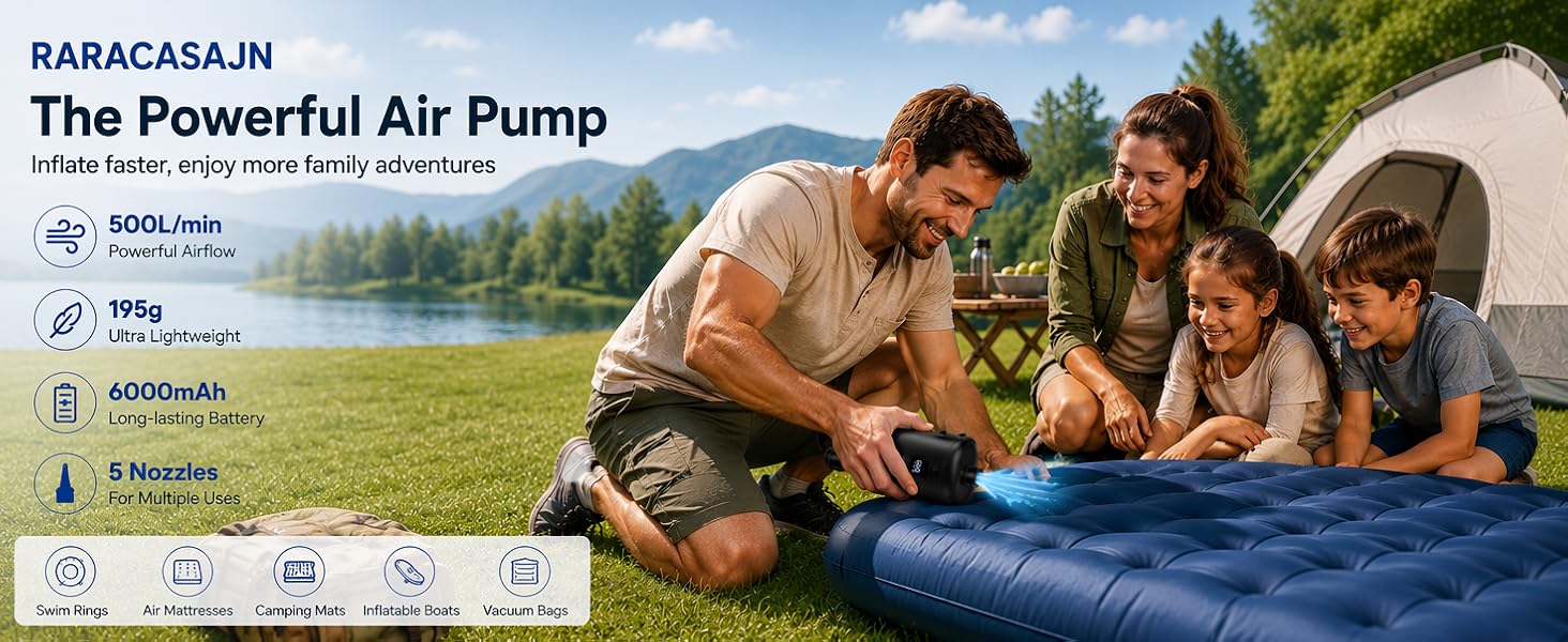 Portable electric air pump inflating air mattress during family camping outdoors