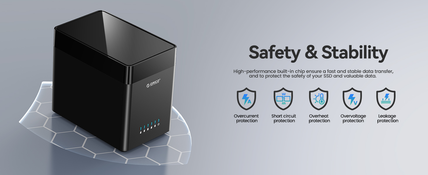 Black cubic device with safety and stability icons displayed. Appears to be a networking or storage device with multiple protection features.