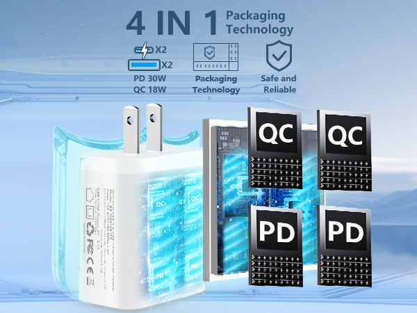 2Pack 60W 4Port USB C Wall Charger Block Dual PD&amp;amp;QC Power Type C Fast Charging Adapter USB-A Charge