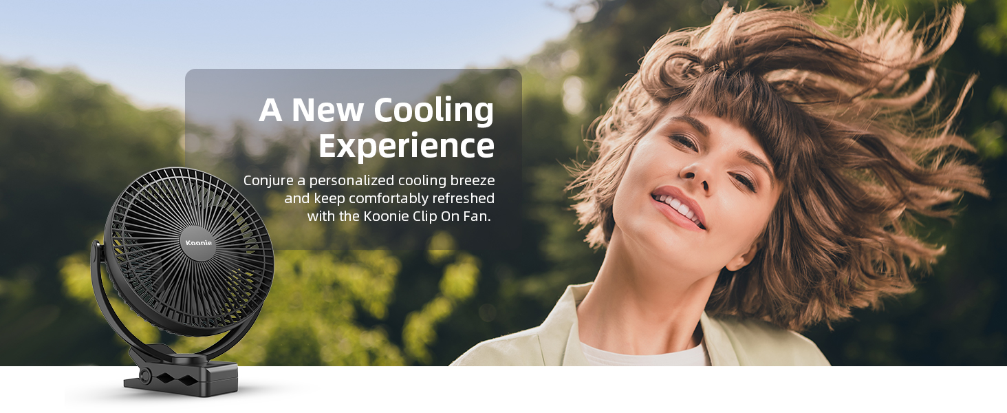 Portable black cooling fan with text overlay 'A New Cooling Experience' against outdoor background with dynamic wind effect.