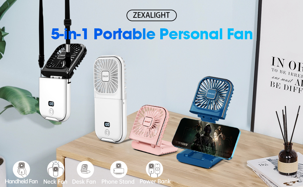 Portable Handheld Necklace Mini Desk Fan Phone Stand Power Bank