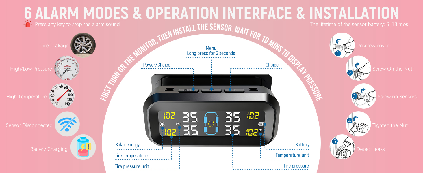 Tire Pressure Monitoring System with Solar &amp; USB Charger-TPMS with 4 External Sensors &amp; 6 Alarm Mode