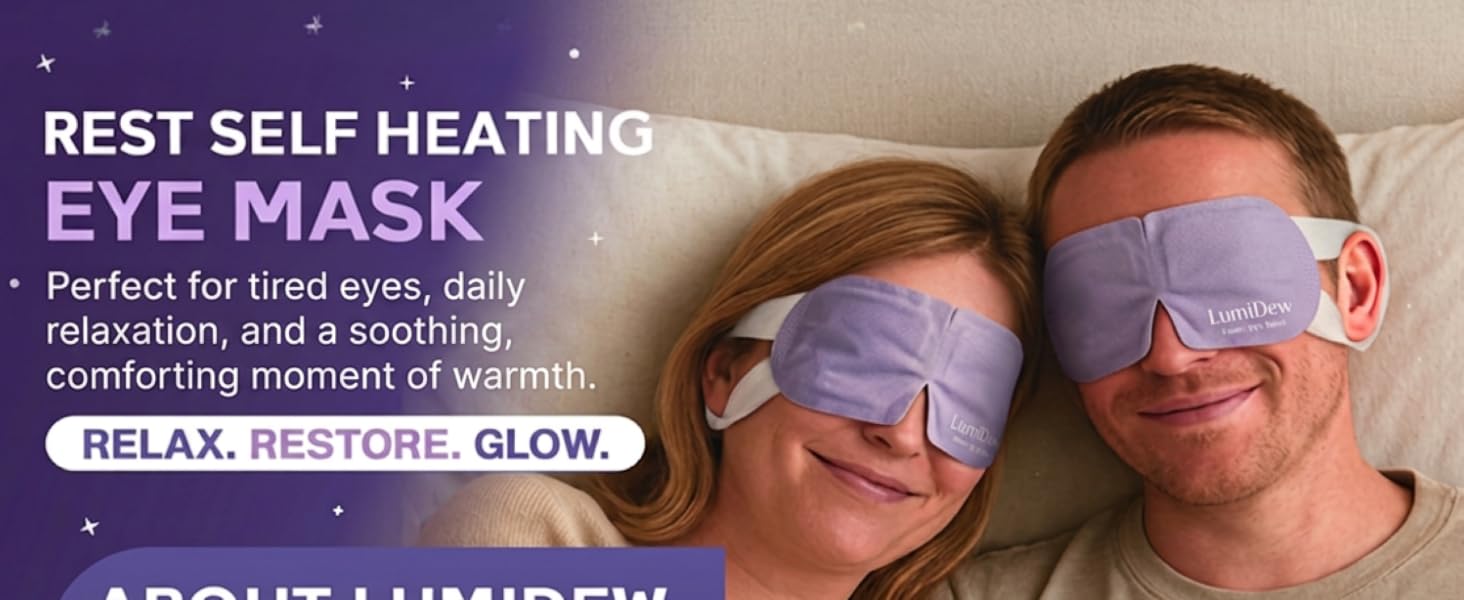 LumiDew self-heating eye mask worn by a smiling man and woman relaxing together.