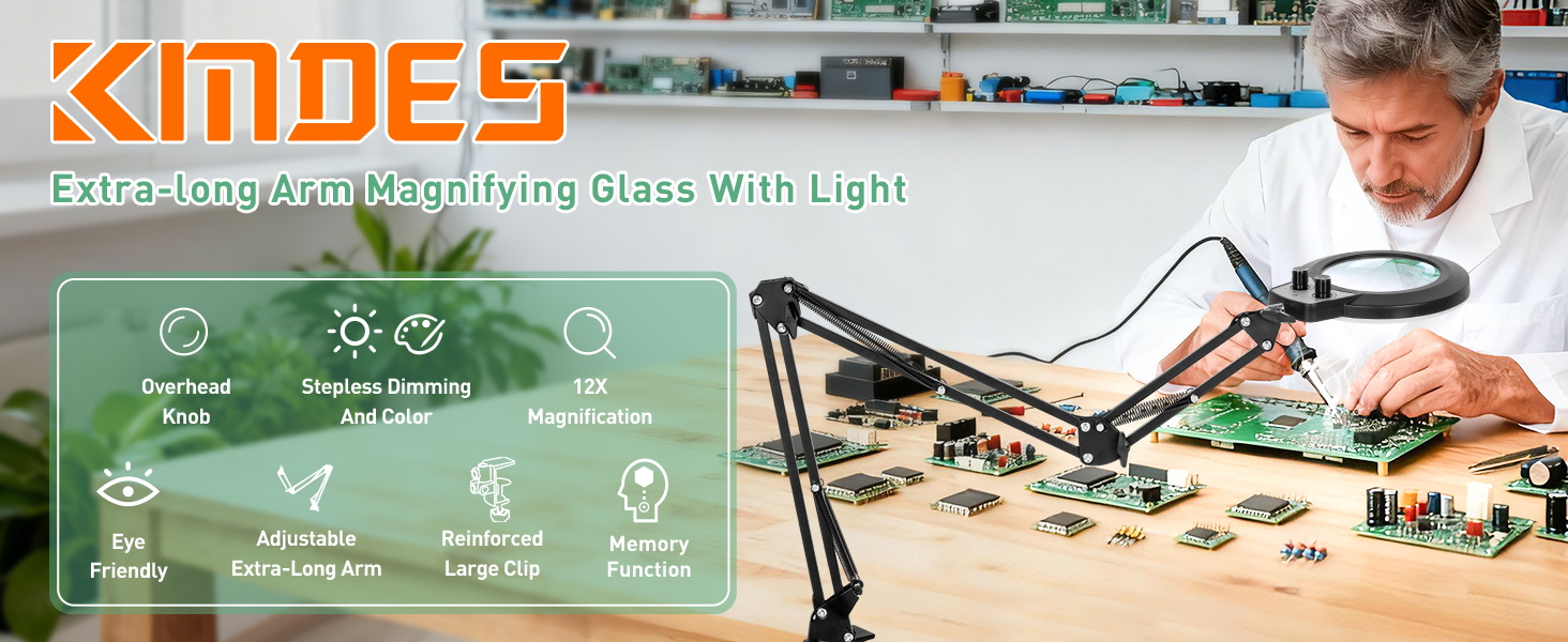 magnifying lamp glass with light Overhead Knob Stepless Dimming Color 12X Extra-Long Arm Large Clip