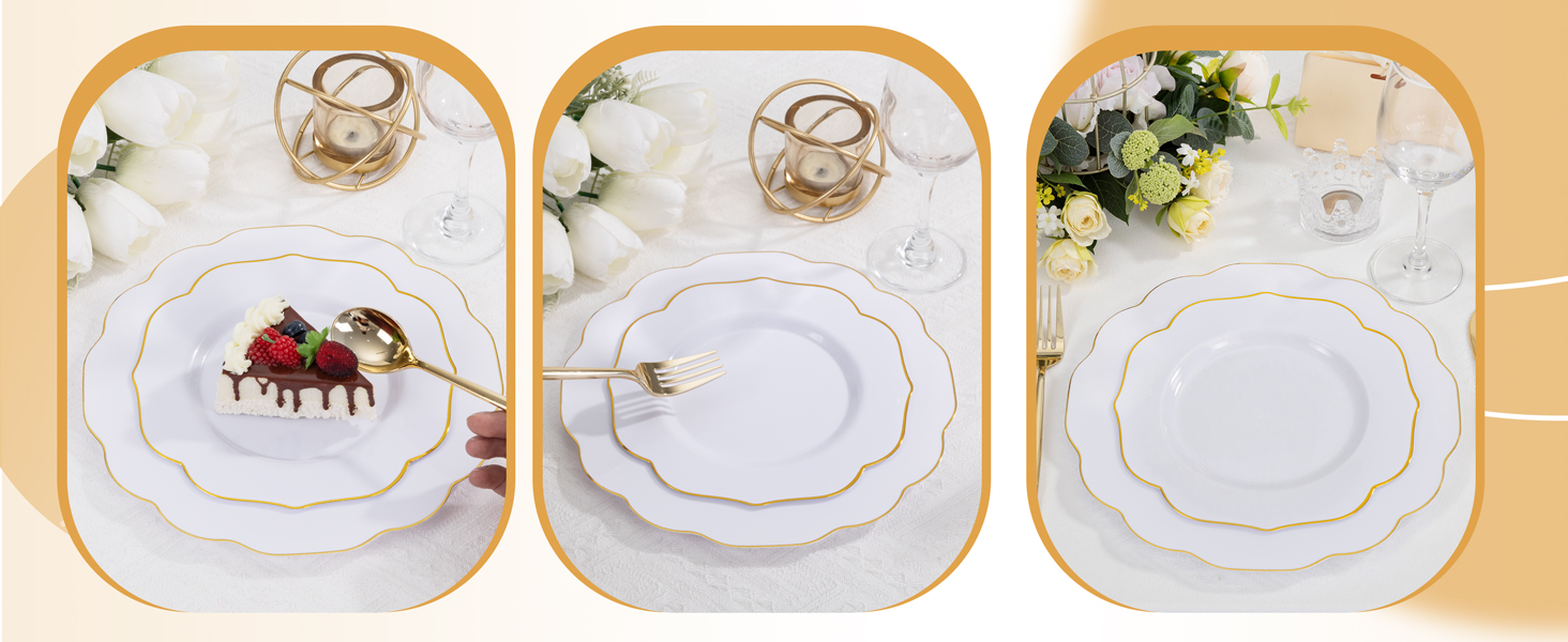 White and Gold Plastic Dinnerware Set