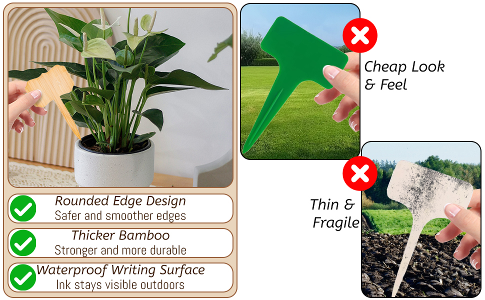 Bamboo plant markers with rounded edges and durable design vs cheap plastic and fragile alternatives
