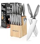 ROCOCO Kitchen Block Knife Set - 15 PCS Stainless Steel Knife Set with Block and Sharpener Dishwa...