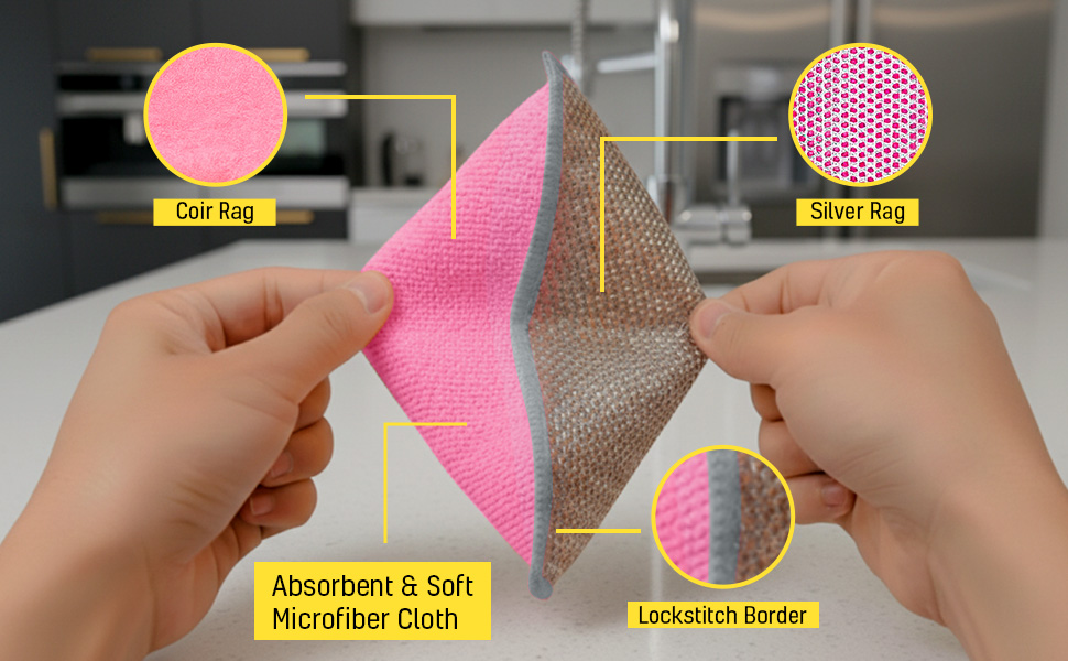 Dual-sided microfiber dishwashing rag with coir and silver layers.
