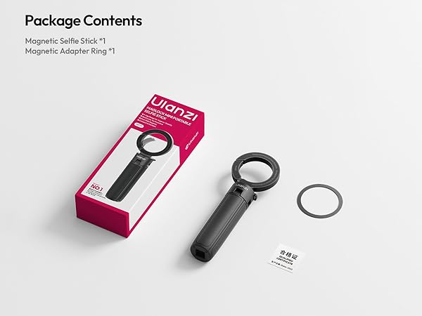Text reads 'Package Contents'. Product packaging showing a black handheld magnifying glass with its box and accessory ring displayed on white background.