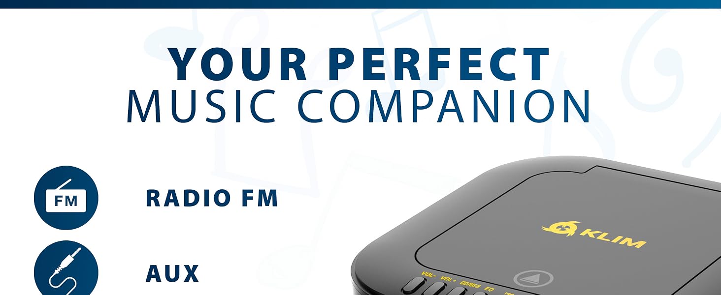 Text reads 'YOUR PERFECT MUSIC COMPANION', 'RADIO FM', 'AUX'. Product interface display showing audio device features on grey background.
