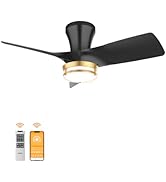OPONL 30" Black low profile Ceiling Fan with Light, with Gold Trim Ring, Large Air Volume, flush ...