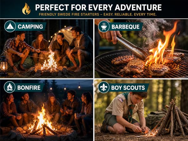 Six ways to use it: camping, hiking, bushcraft, backyard BBQs, signal fires and emergency kits