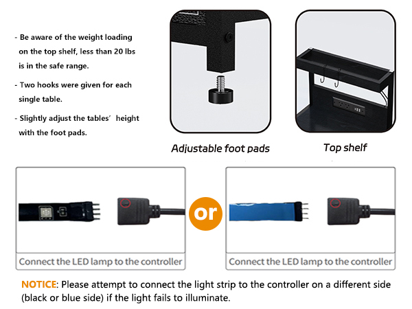 Details: Lights, Charging Port, Hooks, and Adjustable Feet