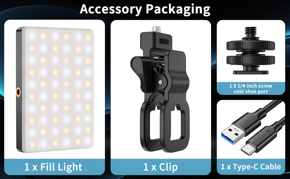 Accessory packaging for camera equipment: LED fill light panel, mounting clip, and USB-C cable shown in separate sections.