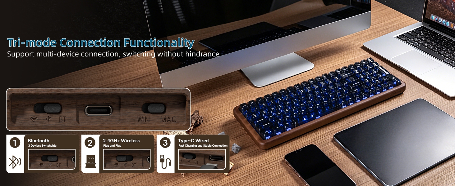 98% Wireless Mechanical Keyboard with Number Pad Natural Walnut Wood Gaming Keyboard