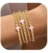 Yoosteel Gold Beaded Bracelets Set for Women, 14K Gold Plated Dainty Round Bead Ball Pearl Cross ...