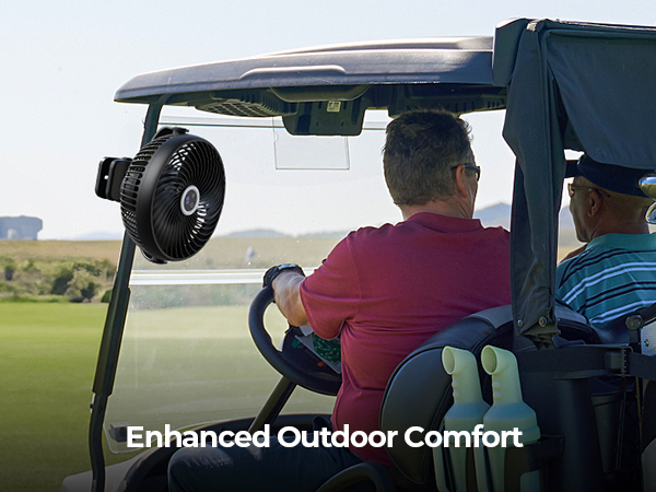 Golf cart with attached fan for outdoor comfort. Two people seated in the cart on a golf course, with the fan prominently visible.
