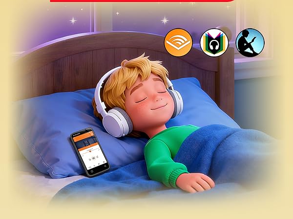 A sleeping boy with headphones listens to music on a smartphone in a cozy bedroom.