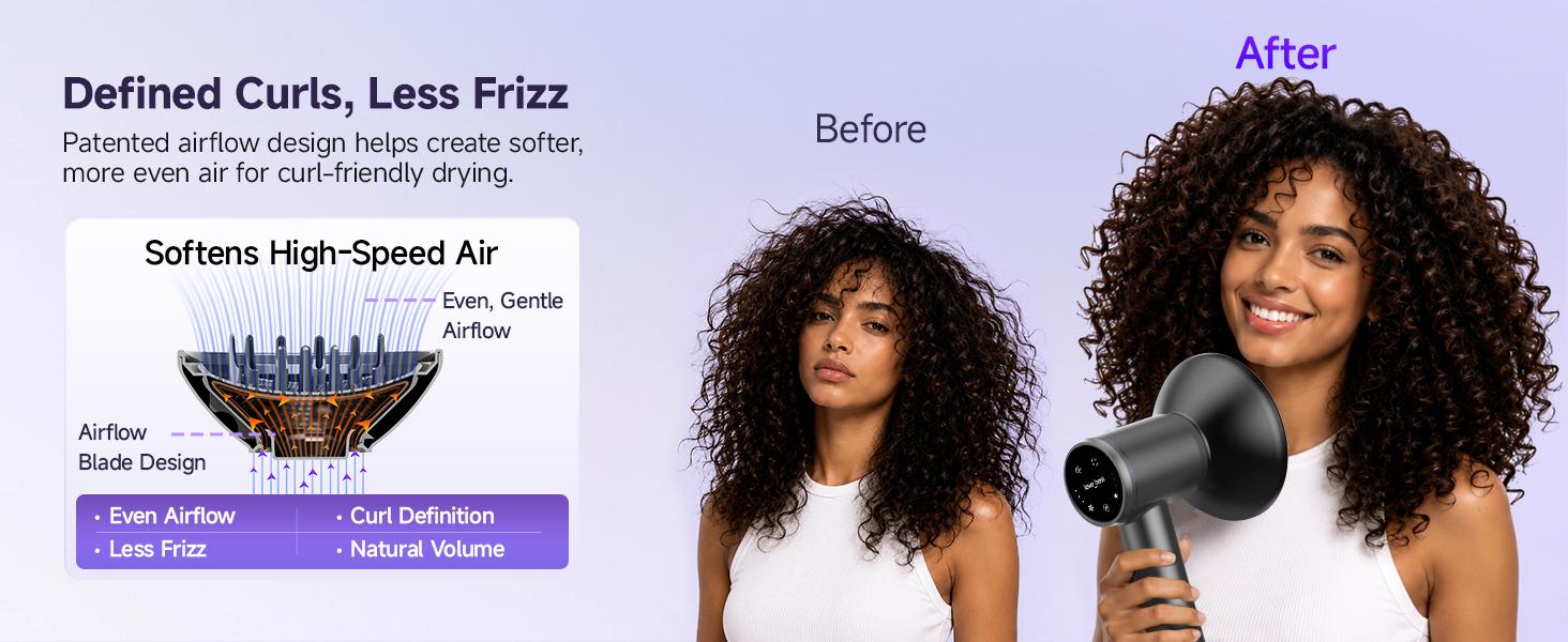Hair dryer with diffuser for defined curls, volume, and less frizz