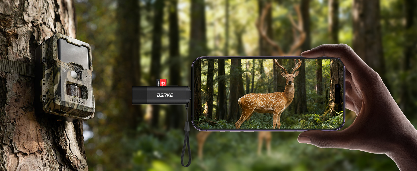 Close-up shots of trail camera mounted on tree trunk in outdoor woodland setting, shown from multiple angles.