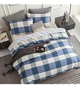 LEMIROE Classic Check 100% Cotton Duvet Cover King Size 3PC – Elegant Ivory, Light Gray, Navy &amp; D...