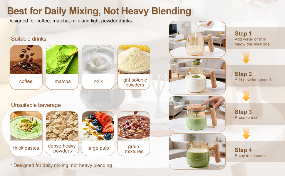 Self stirring mug for coffee milk and light powders not for thick mixtures