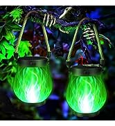 Jyoiat Halloween Solar Flame Lantern Hanging Outdoor Waterproof - 2 Pack Flame Lanterns with Dual...