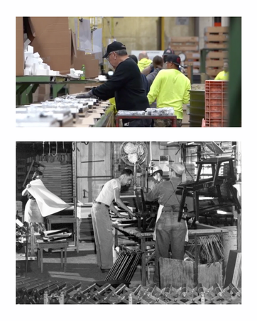 Factory workers at Sauder in 2022 and workers from earlier years
