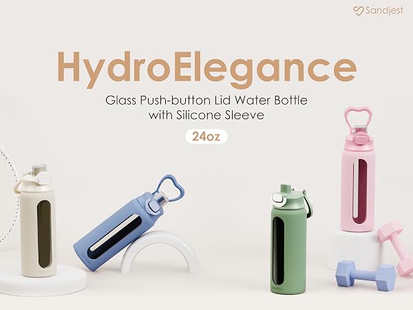 SANDJEST Glass Push-button Lid Water Bottle 24oz