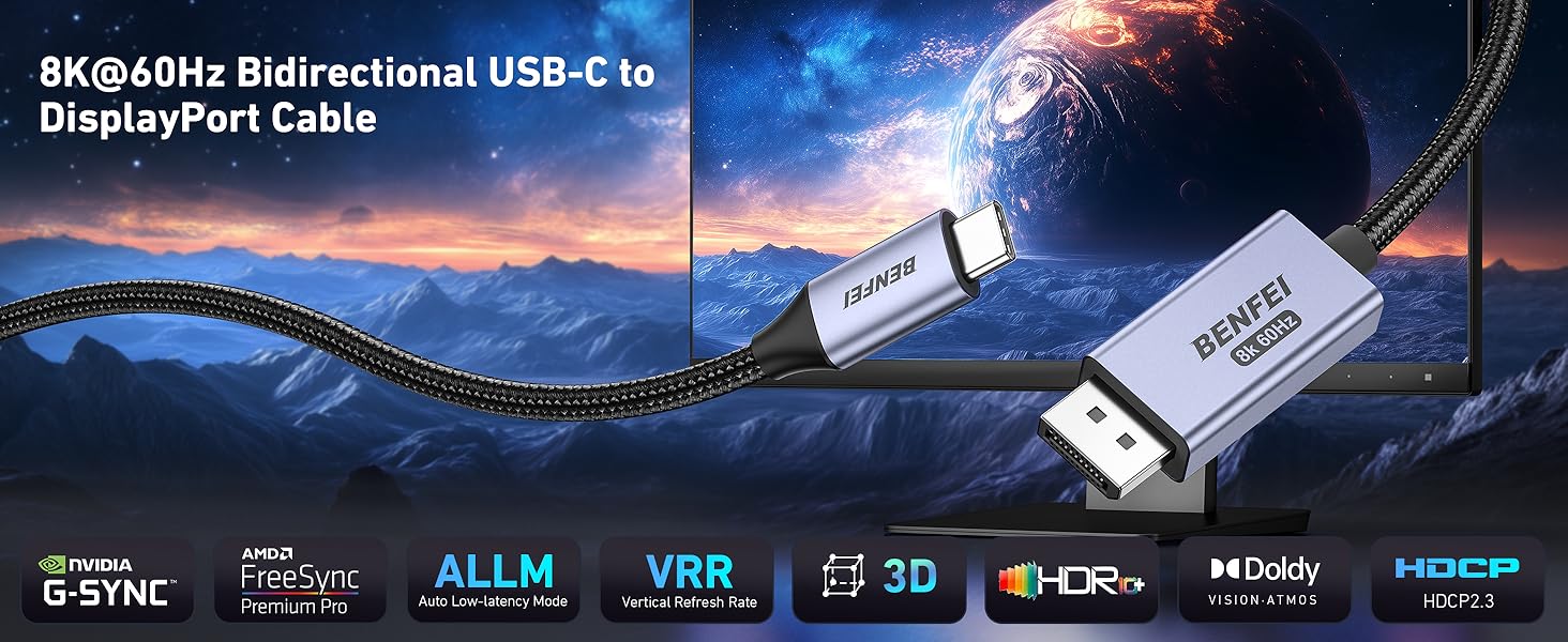 BENFEI Bidirectional USB C to DisplayPort 1.4 Cable 6FT, Support 8K@60Hz 4K@240Hz