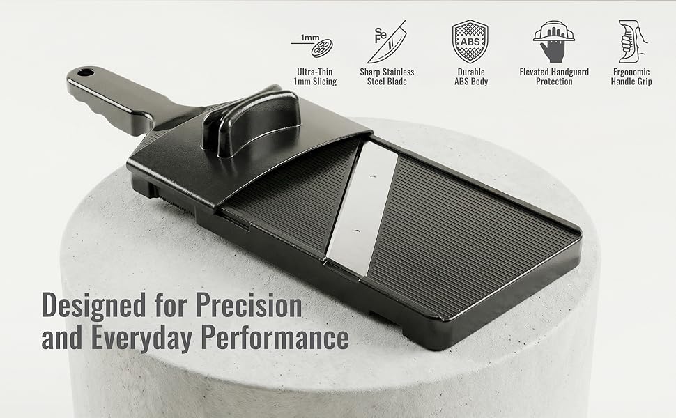 mandoline slicer with good grips, sharp blade, ergonomic handle on display