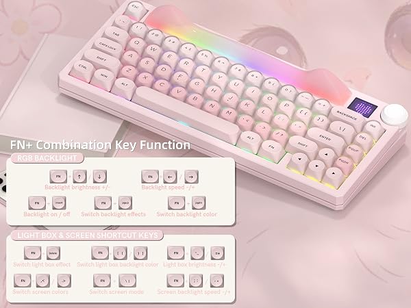 75% Wireless Mechanical Keyboard with Screen and Knob, Pink Cat Creamy Bluetooth Gaming Keyboard