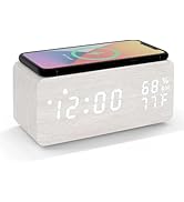 Lancoon Wooden LED Alarm Clock with Wireless Charging Temperature and Humidity Display Calendar A...