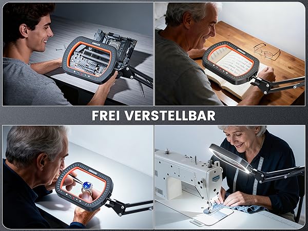 Text reads 'FREI VERSTELLBAR'. Series of demonstration images showing a sewing machine in use from various angles, focusing on stitch adjustment features.