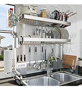 LIVOD Over The Sink Dish Drying Rack, 3-Tier Drying Drainer Rack Over Sink Stainless Steel Adjust...
