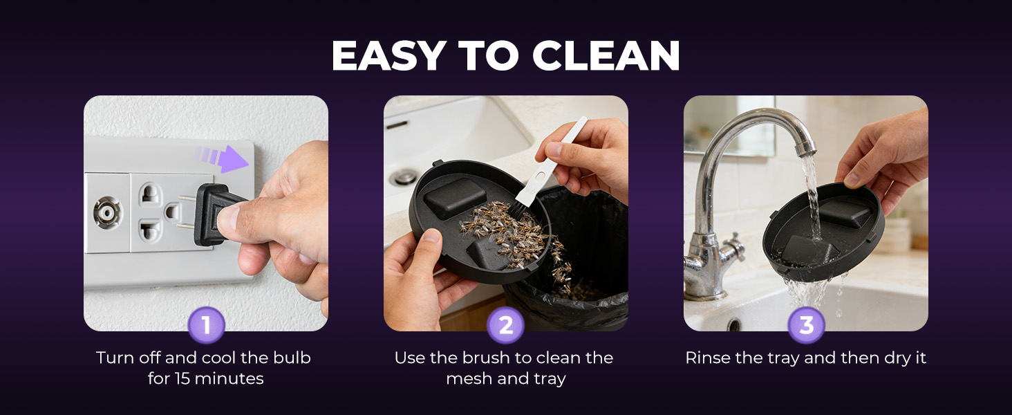 easy to clean brush and tray design for bug zapper cleaning