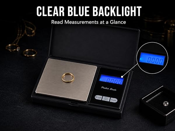 Pocket scale weighing a gold ring with a clear blue backlit display.